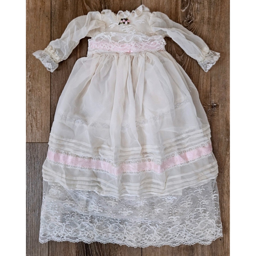 Infant Christening Gown Cream Lace & Pink Ribbon Detail, Vintage Baptism Dress